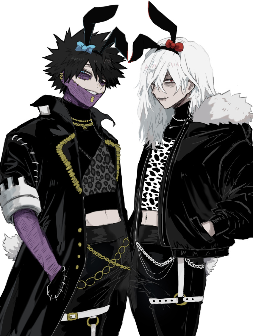 2boys ametaro_(ixxxzu) animal_ears animal_print black_coat black_jacket black_pants blue_bow boku_no_hero_academia bow burn_scar chains cheek_piercing coat dabi_(boku_no_hero_academia) ear_piercing fake_animal_ears fake_tail fur-trimmed_jacket fur_trim hands_in_pockets highres jacket jewelry long_hair male_focus multiple_boys multiple_piercings multiple_scars nose_piercing pants piercing rabbit_ears rabbit_tail red_bow red_eyes scar scar_on_arm scar_on_face scar_on_mouth scar_on_neck shigaraki_tomura short_hair simple_background spiked_hair standing staple stapled stitches tail turtleneck white_background white_hair wrinkled_skin