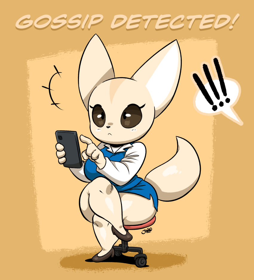 2021 4_fingers aggretsuko anthro arms_bent bent_legs bottomwear breasts canid canine cellphone clothed clothing crossbar_emanata crossed_legs digital_media_(artwork) electronics emanata exclamation_point female fennec_fox fenneko fingers fox furgonomics hi_res holding_cellphone holding_object holding_phone humor joaoppereiraus leg_over_edge leg_over_knee mammal over_edge pencil_skirt phone sanrio short_stack signature sitting skirt solo tail tail_through_skirt thick_thighs true_fox