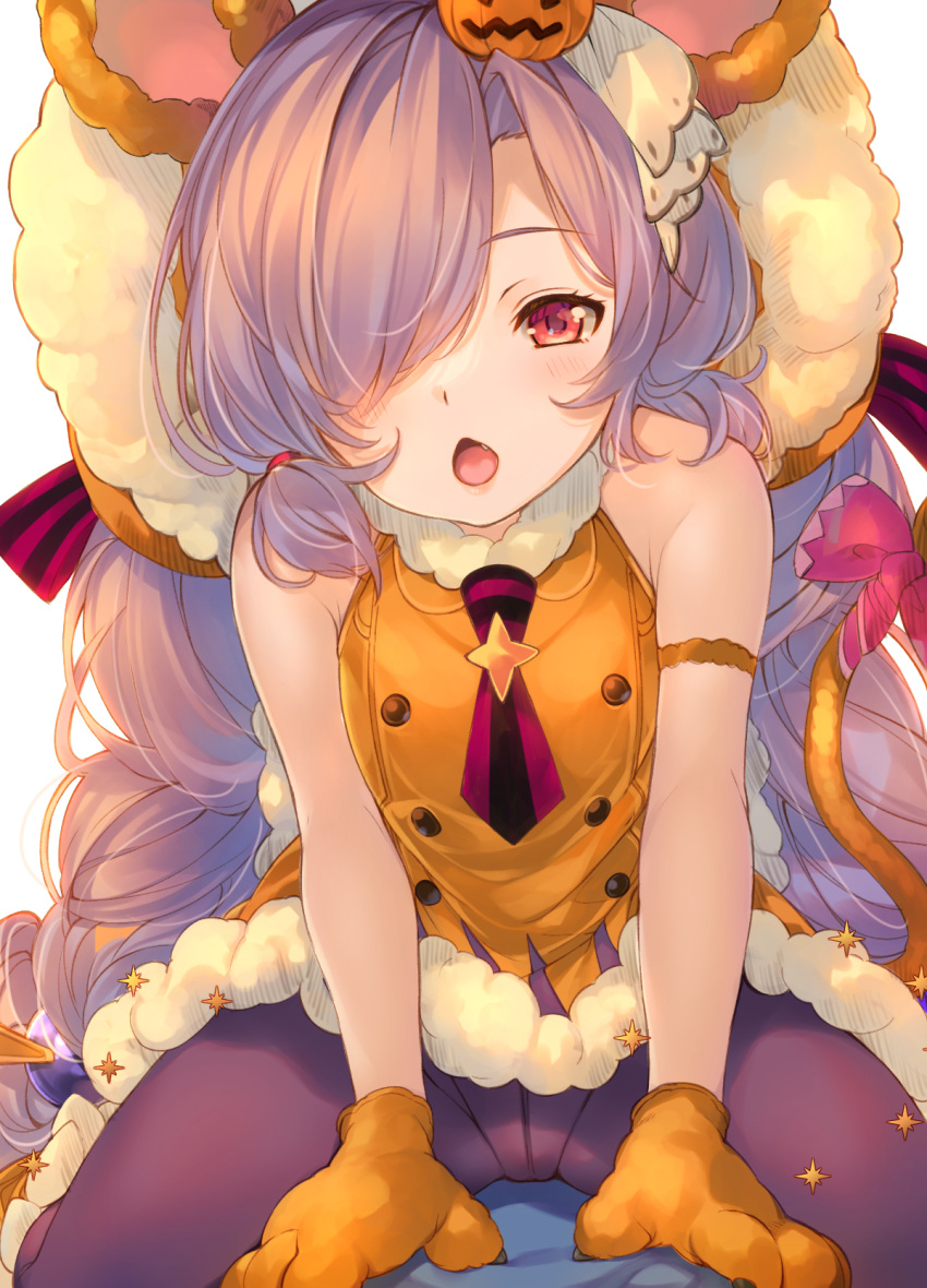 bare_shoulders blush chestnut_mouth cowgirl_position dress female flat_chest fur_collar fur_trim granblue_fantasy hair_over_one_eye halloween_costume harvin highres lion_tail long_hair mayusaki_yuu necktie niyon_(granblue_fantasy) niyon_(lejonskrik)_(granblue_fantasy) official_alternate_costume panties panties_under_pantyhose pantyhose pov purple_hair purple_legwear red_eyes short_dress sleeveless sleeveless_dress solo_focus tail underwear very_long_hair