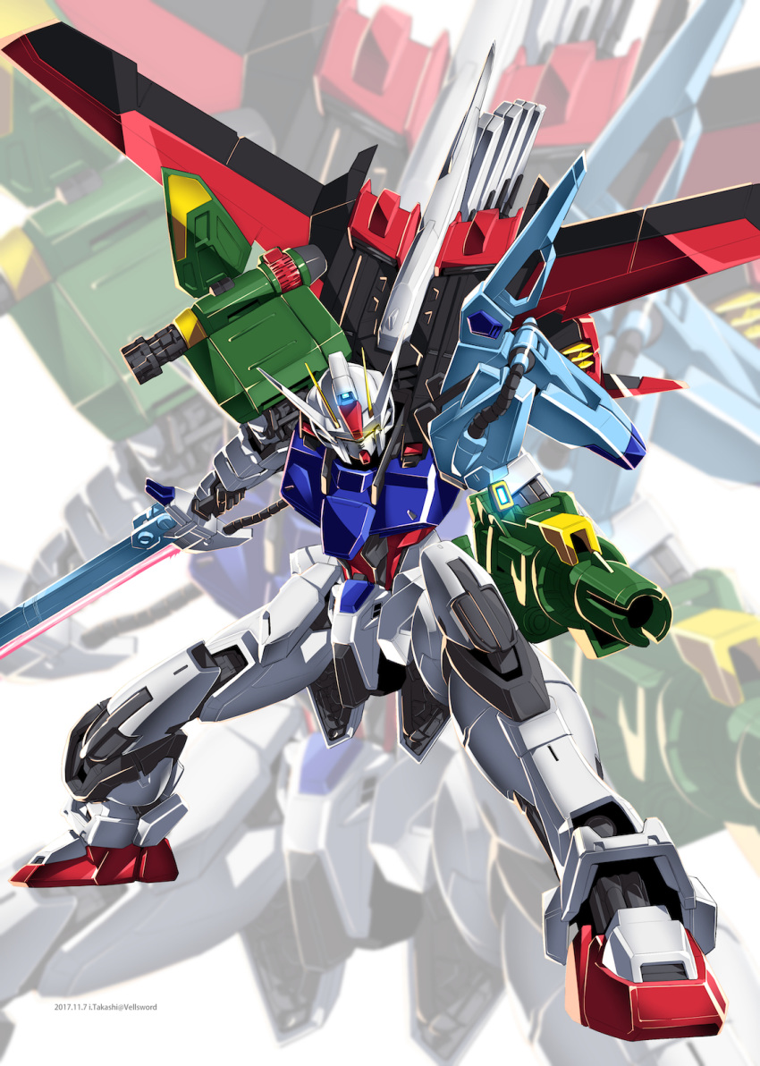 clip_studio_paint_(medium) dynamic_pose glowing glowing_eyes gun gundam gundam_seed highres holding holding_gun holding_sword holding_weapon i.takashi mecha mechanical_wings no_humans perfect_strike_gundam robot science_fiction solo strike_gundam sword v-fin weapon wings yellow_eyes zoom_layer