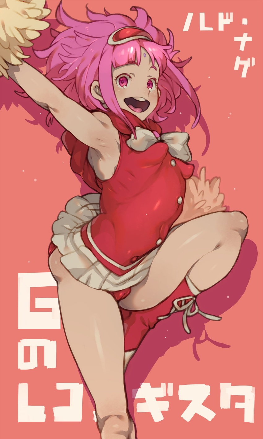 :d breasts cameltoe collagen facial_mark female forehead_mark gundam gundam_g_no_reconguista hair_ornament highres looking_at_viewer medium_hair noredo_nug open_mouth pink_eyes pink_hair pom_pom_(cheerleading) simple_background skirt smile solo