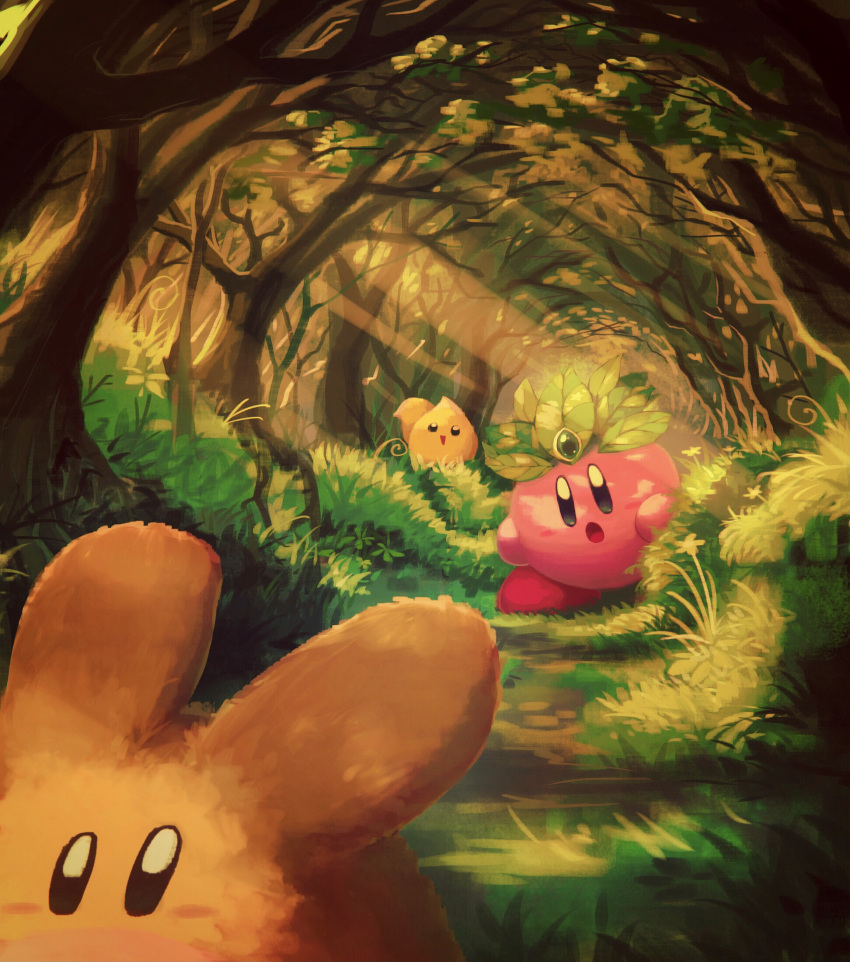 animal branch bush chip_(kirby) copy_ability crown curious flower grass highres kirby kirby_(series) leaf leaf_kirby looking_at_another open_mouth outdoors polof scenery solo sunset suyasuyabi tree