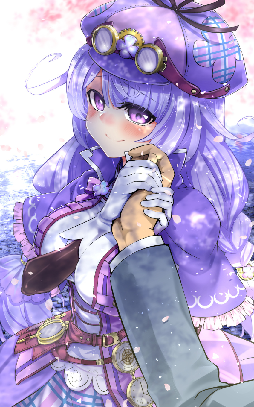 1boy belt black_ribbon breasts capelet closed_mouth female flower_knight_girl goggles goggles_on_headwear hat hat_ribbon highres komota_(kanyou_shoujo) large_breasts long_hair looking_at_viewer pov pov_hands purple_capelet purple_eyes purple_hair purple_headwear ribbon smile straight streptocarpus_(flower_knight_girl)