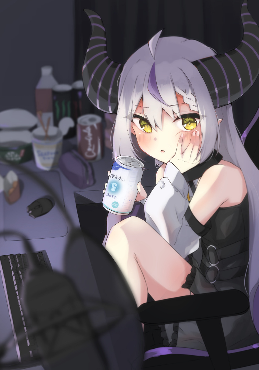 ahoge armrest black_dress blush braid can chair computer_keyboard computer_mouse demon_girl demon_horns detached_sleeves dress drink energy_drink female gaming_chair highres holding holding_can holding_drink hololive horns indoors kumoi_sora la+_darknesss la+_darknesss_(1st_costume) long_hair looking_at_viewer looking_to_the_side microphone microphone_stand multicolored_hair nissin_cup_noodle o-ring on_chair pointy_ears pop_filter purple_hair sidelocks sitting solo streaked_hair swivel_chair thighs very_long_hair virtual_youtuber white_hair yellow_eyes