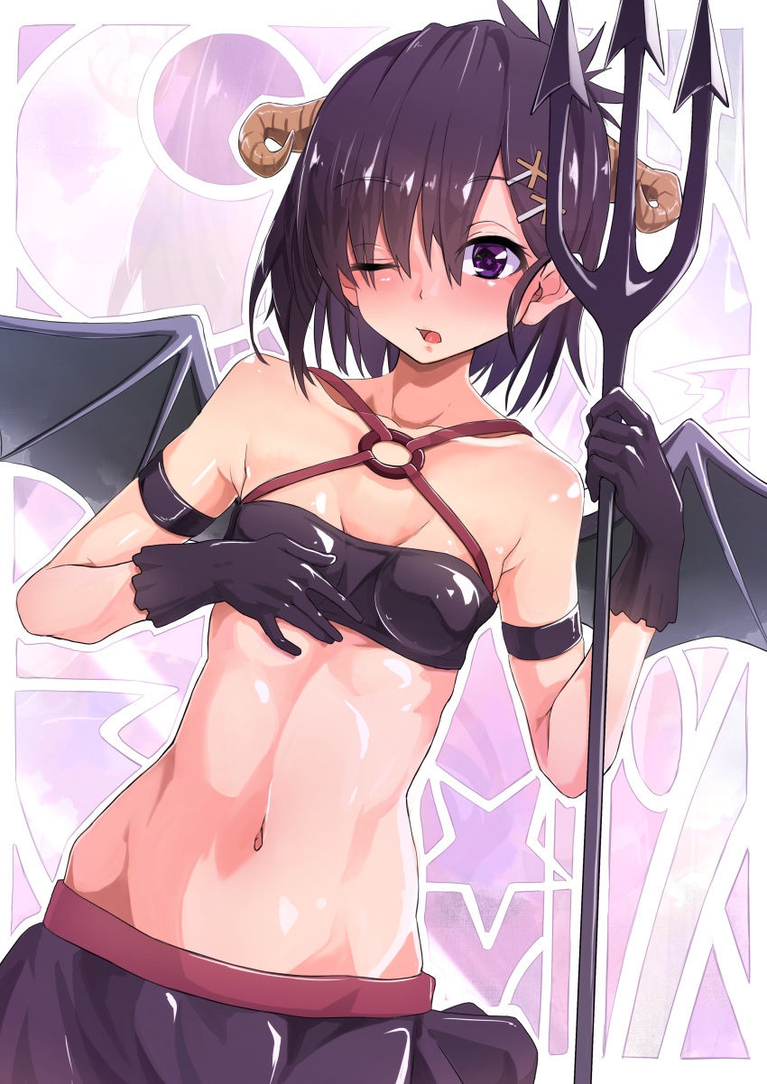 absurdres armband bare_shoulders black_gloves black_hair black_skirt breasts clip_studio_paint_(medium) collarbone crop_top demon_girl demon_horns demon_wings female gabriel_dropout gloves hair_between_eyes hair_ornament hairclip hallelujah_essaim highres holding holding_polearm holding_weapon horns medium_hair navel one_eye_closed open_mouth polearm purple_eyes shuutou_haruka skirt sleeveless small_breasts solo standing stomach trident upper_body vignette_tsukinose_april weapon wings x_hair_ornament