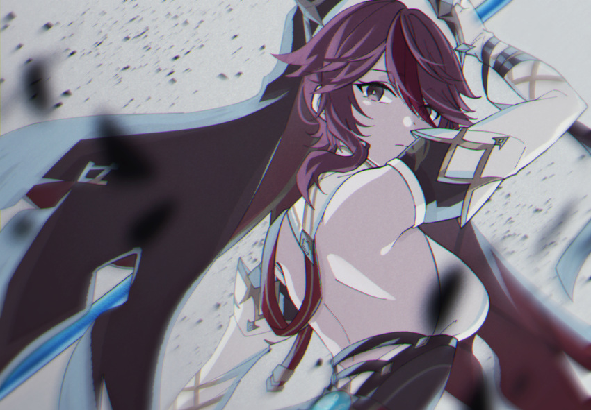 backless_outfit bare_back bare_shoulders breasts commentary_request elbow_gloves female genshin_impact gloves grey_background grey_eyes habit highres large_breasts looking_at_viewer medium_hair mizuamememe nun purple_hair rosaria_(genshin_impact) simple_background solo upper_body white_gloves