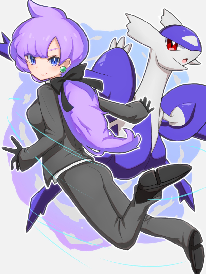 anabel_(pokemon) black_bow blue_eyes blush bow claws closed_mouth commentary earrings eyelashes female gloves grey_jacket grey_pants hairbow highres jacket jewelry latios long_hair long_sleeves looking_at_viewer mega_latios mega_pokemon nuneno outline pants pokemon pokemon_(creature) pokemon_sm ponytail purple_hair shirt shoes smile white_shirt