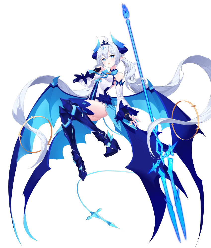 +_+ absurdly_long_hair absurdres armored_boots ass bare_shoulders blue_eyes blue_footwear blue_thighhighs boots bow bowtie breasts brooch demon_girl demon_horns demon_tail demon_wings detached_sleeves elsword female hand_up high_heel_boots high_heels highres horns jewelry knee_boots leotard long_hair long_sleeves looking_at_viewer low_wings luciela_r._sourcream noblesse_(elsword) nyun open_mouth pointy_ears polearm sidelocks simple_background small_breasts smile solo spear symbol-shaped_pupils tail thighhighs thighs very_long_hair waist_cape weapon white_background white_hair white_leotard wide_sleeves wings