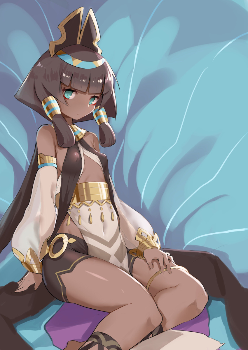 absurdres bare_shoulders black_hair blue_eyes breasts dark_skin detached_sleeves dragalia_lost female hair_ornament haru_(renol) highres medium_breasts medium_hair nefaria shorts sitting thigh_strap thighs