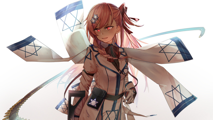 absurdres bad_id bad_pixiv_id breasts bullet female girls'_frontline gloves gun hexagram highres imi_negev kumanoko light_machine_gun long_hair looking_away machine_gun neck_ribbon negev_(girls'_frontline) open_mouth red_eyes red_hair red_ribbon ribbon side_ponytail small_breasts standing star_of_david weapon white_gloves