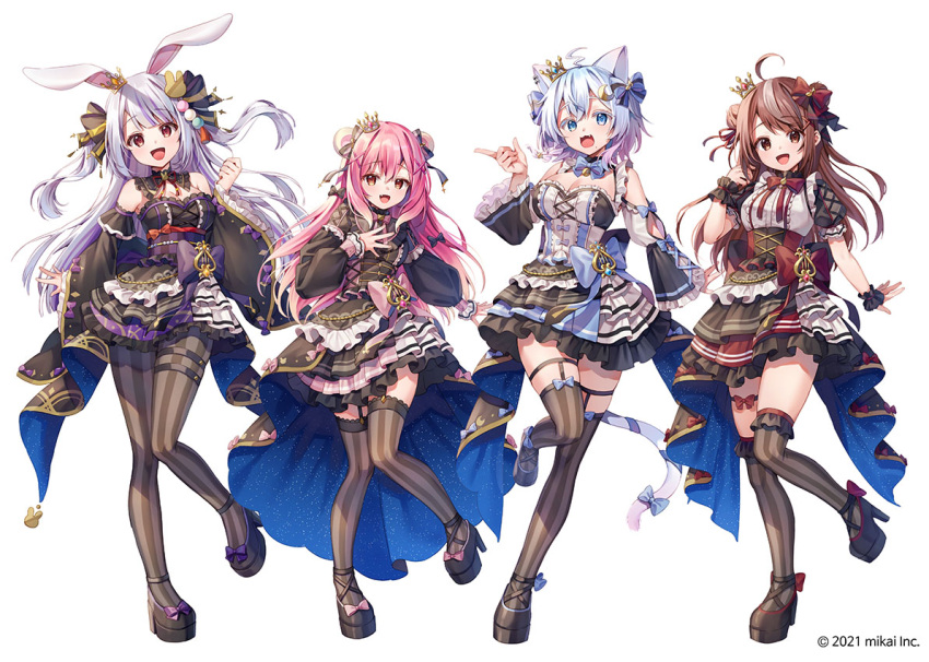 4girls :d ahoge animal_ears bare_shoulders bear_ears black_footwear black_skirt blue_bow blue_eyes blue_hair bow breasts brown_eyes brown_hair brown_legwear cat_ears cat_girl cat_tail chyoling cleavage commentary_request copyright_notice crown detached_sleeves double_bun frilled_legwear frilled_skirt frilled_sleeves frills grey_hair hair_between_eyes hair_bun hairbow himekuma_ribon inuki_matoi layered_skirt long_sleeves looking_at_viewer marumochi_tsukimi medium_breasts mini_crown multicolored_hair multiple_girls nekono_yukino oerba_yun_fang official_art open_mouth over-rim_eyewear pantyhose pink_hair pink_skirt puffy_long_sleeves puffy_short_sleeves puffy_sleeves rabbit_ears re:act red_bow red_skirt semi-rimless_eyewear shirt shoes short_sleeves simple_background skirt sleeves_past_wrists smile standing standing_on_one_leg streaked_hair striped_clothes striped_thighhighs tail tail_bow tail_ornament thighhighs tilted_headwear two_side_up vertical-striped_clothes vertical-striped_thighhighs virtual_youtuber watermark white_background white_shirt white_skirt wide_sleeves wrist_cuffs