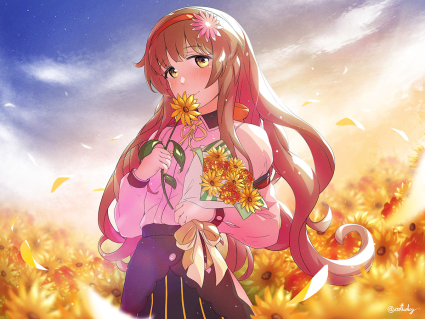 arthur_ko black_skirt blush brown_hair closed_mouth commission female field flower flower_field helena_(kancolle) holding holding_flower juliet_sleeves kantai_collection long_hair long_sleeves military military_uniform neck_ribbon outdoors petals pixiv_commission puffy_sleeves ribbon skirt smile solo twitter_username uniform yellow_eyes yellow_flower yellow_ribbon