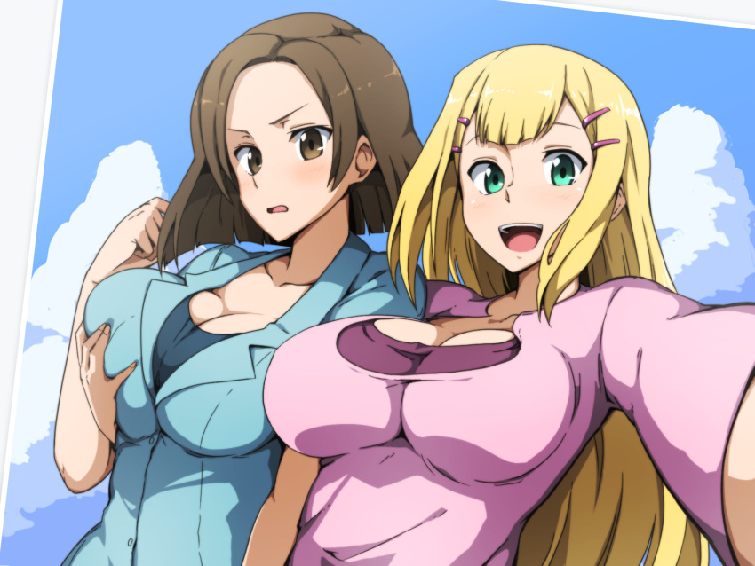 2girls blonde_hair breasts brown_eyes brown_hair cleavage grabbing grabbing_another's_breast green_eyes gundam gundam_00 hair_ornament hairclip highres kinue_crossroad large_breasts long_hair long_sleeves louise_halevy multiple_girls open_mouth runaru short_hair short_sleeves yuri