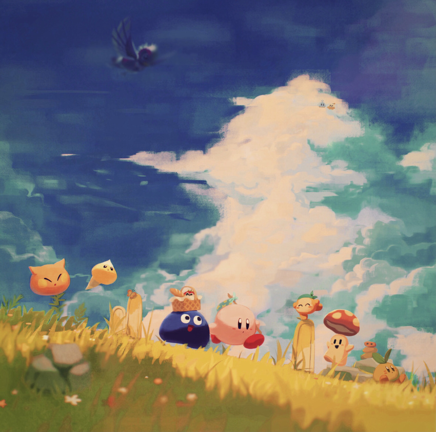 banana bandana bandana_waddle_dee basket beanbon blue_bandana bug butterfly cairn cappy_(kirby) chip_(kirby) closed_eyes cloud cloudy_sky dyna_blade floating flower food fruit gooey_(kirby) grass grasslands happy hataraku_ufo highres jobski kirby kirby_(series) leaf maxim_tomato mushroom open_mouth outdoors revision running scarfy scenery sky smile stone suyasuyabi ufo_(kirby) waddle_dee