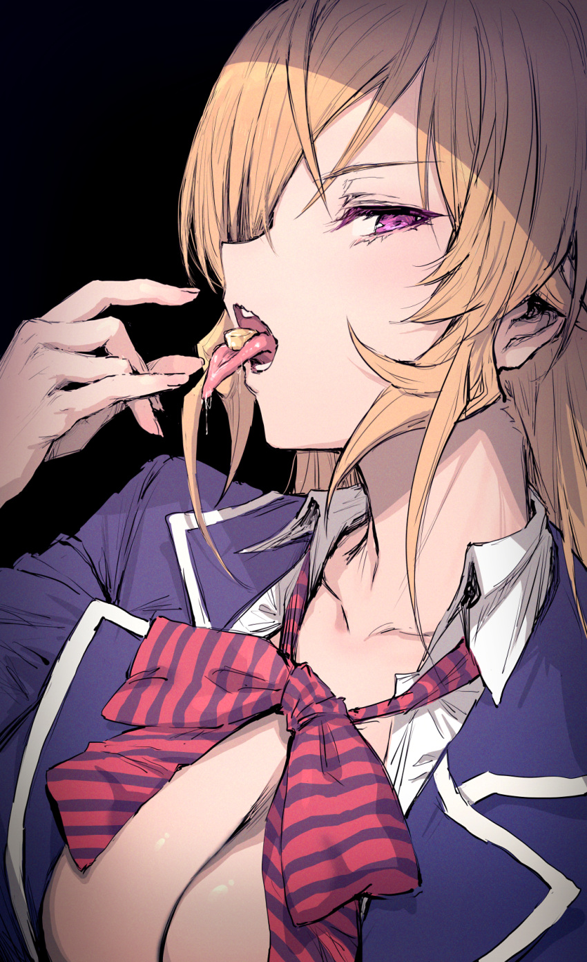 black_background blazer blonde_hair blue_jacket bow bowtie breasts cheese cleavage collarbone collared_shirt female food food_in_mouth haoni highres jacket large_breasts long_hair looking_at_viewer looking_to_the_side loose_bowtie nakiri_erina open_clothes open_mouth open_shirt partially_unbuttoned purple_eyes saliva sexually_suggestive shirt shokugeki_no_souma simple_background solo striped_bow striped_bowtie striped_clothes teeth tongue tongue_out tootsuki_saryou_ryouri_gakuen_uniform upper_body v-shaped_eyebrows white_shirt