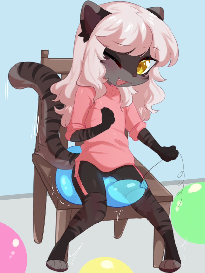 3:4 amalia_(claralaine) anthro anticipation aoizuri balloon balloon_fetish balloon_popping balloon_support bottomwear chair clothing crushed_object felid feline female furniture hi_res inflatable mammal on_balloon one_eye_closed shirt shorts sitting sitting_on_balloon solo topwear young young_anthro young_female