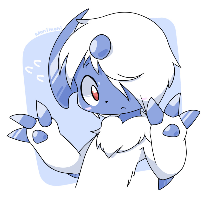 1:1 2022 3_fingers absol ambiguous_gender anthro anthrofied artist_name blush blush_stickers bodily_fluids chest_tuft claws digital_media_(artwork) finger_claws fingers fluffy flying_sweatdrops fur generation_3_pokemon grey_body hair hair_over_eye hi_res icon kemono looking_at_viewer monimoni nintendo one_eye_obstructed pawpads pokemon pokemon_(species) pokemorph reaction_image red_eyes signature solo sweat sweatdrop tuft white_body white_fur white_hair young young_anthro