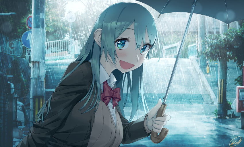 :d blew_andwhite blouse blush brown_cardigan brown_sweater cardigan commentary female green_eyes green_hair hair_between_eyes highres holding holding_umbrella kantai_collection long_hair long_sleeves neck_ribbon open_mouth outdoors rain red_ribbon ribbon shirt sign smile solo suzuya_(kancolle) suzuya_kai_ni_(kancolle) sweater umbrella upper_body white_shirt