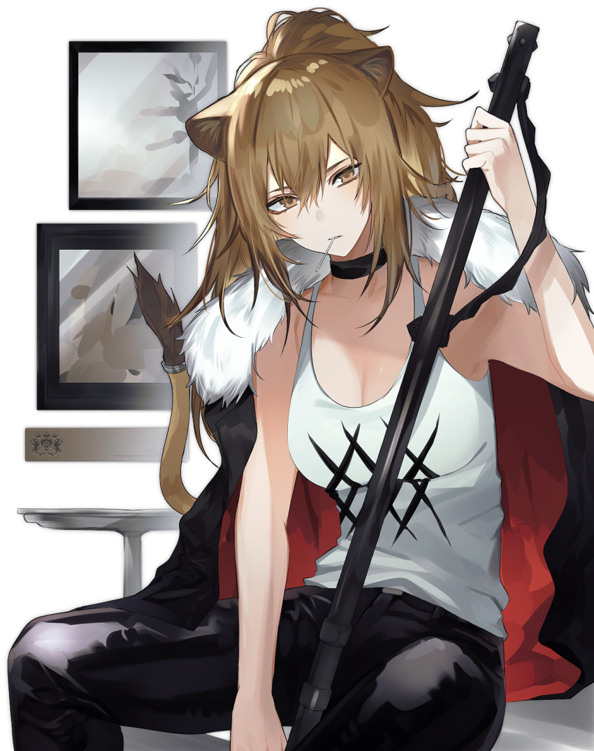 3o_c animal_ears arknights bare_arms bare_shoulders black_choker black_jacket black_pants breasts brown_eyes brown_hair choker cleavage commentary female hair_between_eyes hand_up highres holding holding_weapon jacket jacket_on_shoulders lion_ears lion_girl lion_tail long_hair looking_at_viewer medium_breasts mouth_hold pants siege_(arknights) sitting solo symbol-only_commentary tail tank_top weapon white_background white_tank_top