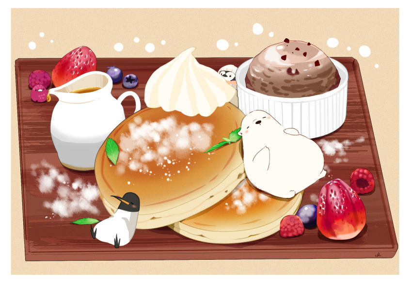 bear beige_background bird blueberry border chai_(drawingchisanne) chocolate commentary_request cream food food_focus fruit highres honey ice_cream jug_(bottle) mint no_humans original painttool_sai_(medium) pancake penguin plate powdered_sugar raspberry simple_background sitting sitting_on_food strawberry sweets_bird undersized_animal