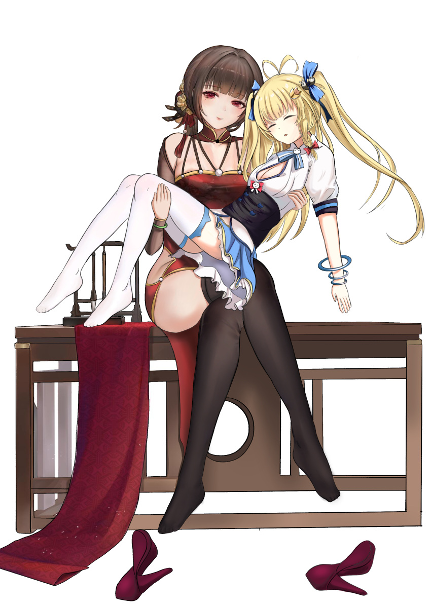 2girls absurdres bad_id bad_pixiv_id black_hair black_legwear blonde_hair blue_skirt breasts carrying china_dress chinese_clothes cleavage_cutout clothing_cutout detached_sleeves dress frilled_skirt frills high_heels highres large_breasts miniskirt mole mole_under_eye multiple_girls petal_house princess_carry red_dress red_footwear shirt shoes short_sleeves skirt small_breasts thighhighs twintails unworn_shoes warship_girls_r white_legwear white_shirt yat_sen_(warship_girls_r)