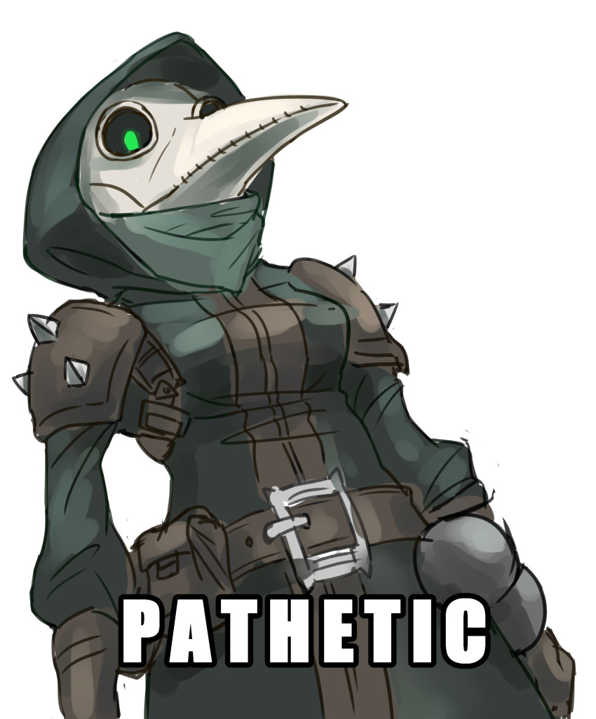 absurd_res alpha_channel animal_mask beak_mask belt clothed clothing female glowing glowing_eyes hi_res human humanoid looking_down mammal mask meme pathetic_(meme) plague_doctor_(dd) shoulder_pads simple_background solo transparent_background unknown_artist