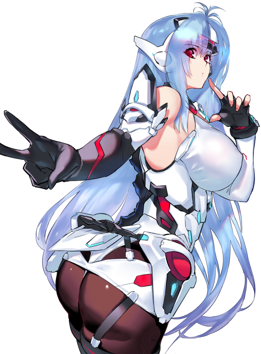 android ass bare_shoulders blue_hair breasts cyborg elbow_gloves expressionless female forehead_protector gloves highres kos-mos kos-mos_re: large_breasts long_hair looking_at_viewer negresco pantyhose red_eyes simple_background standing v very_long_hair xenoblade_chronicles_(series) xenoblade_chronicles_2 xenosaga