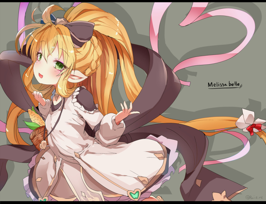 blush braid breasts dress eyeshadow female granblue_fantasy hair_ribbon hands harvin long_hair long_skirt looking_at_viewer makeup melissabelle open_mouth orange_hair petite pointy_ears ponytail rai_(sakuranbo_sugar) ribbon skirt small_breasts smile valentine very_long_hair wavy_hair