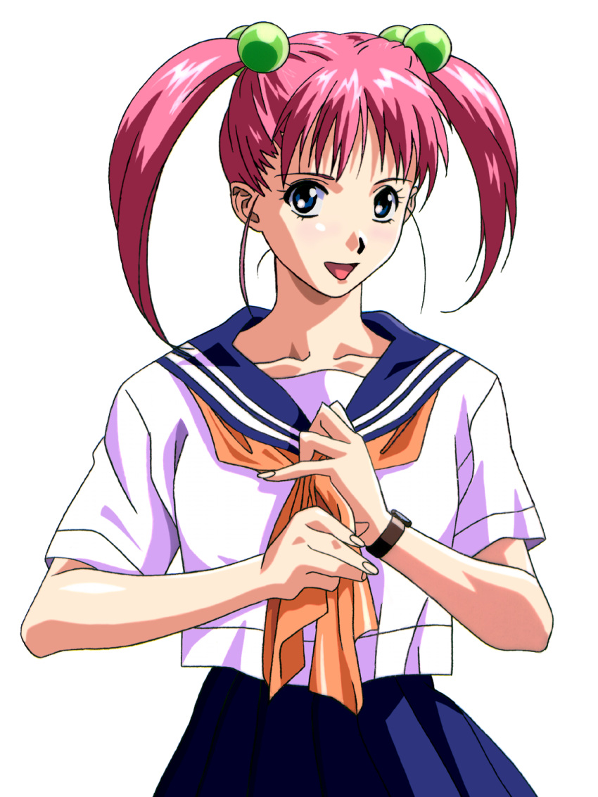 1990s_(style) blue_eyes blue_skirt dress female hair_ornament hairclip hibino_seina highres looking_at_viewer necktie orange_necktie pink_hair retro_artstyle sailor_collar sailor_dress school_uniform shirt skirt twintails watch white_shirt yamada_masaki zenkoku_seifuku_bishoujo_grand_prix