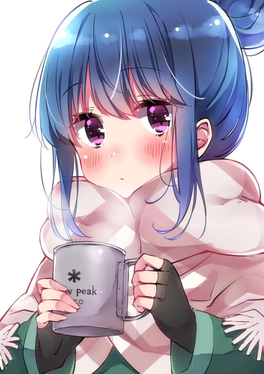 black_gloves blue_hair blush capelet close-up coat coffee_mug commentary cup expressionless female fingerless_gloves gloves green_coat hair_bun highres holding holding_cup looking_at_viewer mug print_mug purple_eyes scarf shima_rin sidelocks simple_background single_hair_bun sk02 solo steam white_background white_capelet white_scarf winter_clothes yurucamp