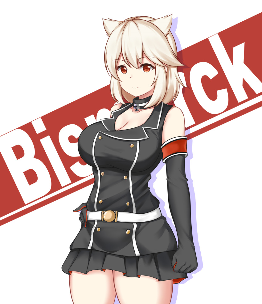 absurdres animal_ears bare_shoulders bismarck_(warship_girls_r) black_gloves black_skirt blonde_hair breasts cat_ears cross elbow_gloves female gloves highres iron_cross large_breasts painttool_sai_(medium) red_eyes short_hair skirt warship_girls_r xiao_qi