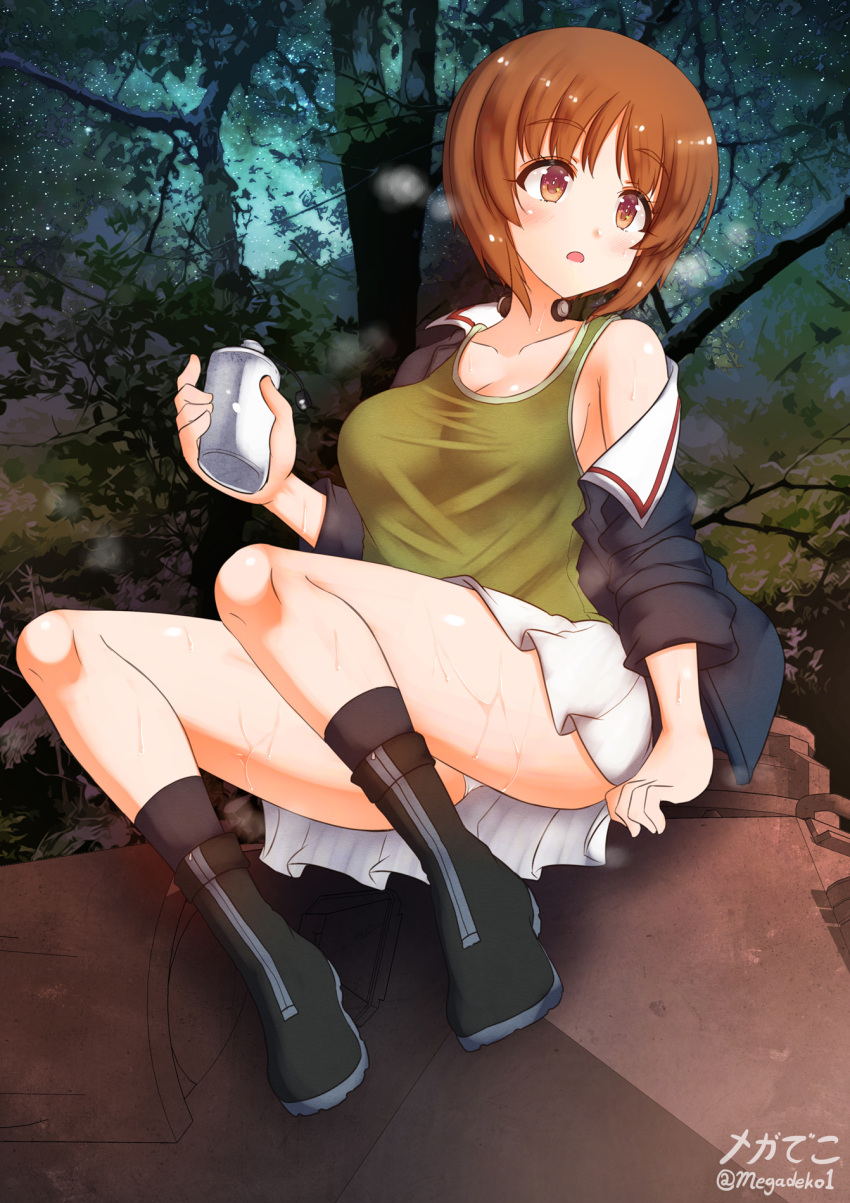 aquaegg artist_name bangs black_footwear black_legwear blue_jacket boots bottle breasts brown_eyes brown_hair commentary eyebrows_visible_through_hair female girls_und_panzer green_shirt ground_vehicle highres holding holding_bottle jacket long_sleeves looking_to_the_side medium_breasts military military_uniform military_vehicle miniskirt motor_vehicle night night_sky nishizumi_miho off_shoulder on_vehicle ooarai_military_uniform open_clothes open_jacket open_mouth outdoors panties pantyshot panzerkampfwagen_iv pleated_skirt shirt short_hair signature sitting skirt sky socks solo star_(sky) starry_sky sweat tank throat_microphone tree twitter_username underwear uniform water_bottle wet white_panties white_skirt zipper