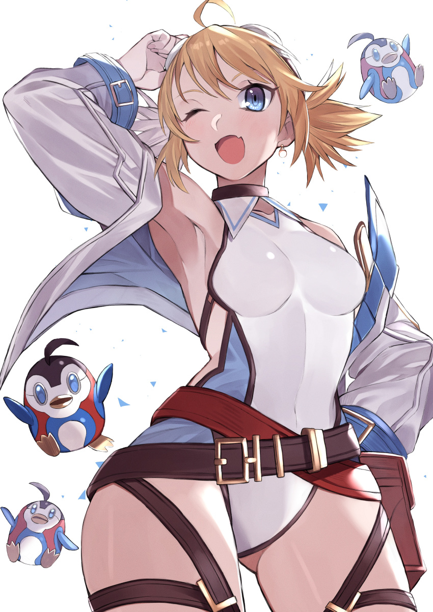 ;d absurdres ahoge armpits belt bird blonde_hair blue_eyes breasts covered_navel earrings female goggles goggles_on_head granblue_fantasy highres jacket jewelry kameno_sachi leotard looking_at_viewer loose_belt oerba_yun_fang one_eye_closed open_mouth penguin pengy_(granblue_fantasy) short_hair short_twintails skin_fang small_breasts smile solo twintails white_background white_jacket white_leotard