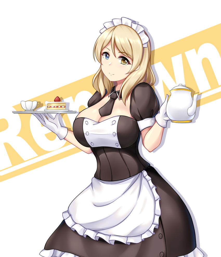 absurdres between_breasts blonde_hair blue_eyes breasts cake female food gloves heterochromia highres large_breasts maid maid_headdress necktie necktie_between_breasts painttool_sai_(medium) photoshop_(medium) renown_(warship_girls_r) short_hair smile teapot tray warship_girls_r white_gloves xiao_qi yellow_eyes