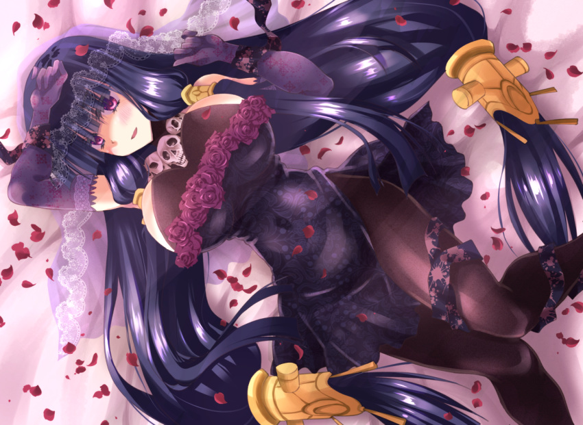 agnes_(sennen_sensou_aigis) arm_on_own_head black_dress black_hair black_pantyhose breasts china_dress chinese_clothes commentary_request dress elbow_gloves female gloves hair_between_eyes hair_ornament jewelry knees_together_feet_apart large_breasts long_hair looking_at_viewer lying necklace on_back pantyhose petals photoshop_(medium) purple_eyes purple_gloves sennen_sensou_aigis skull_necklace solo toshihiro veil very_long_hair