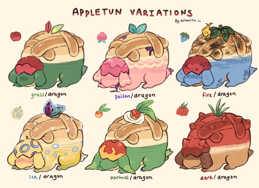 alternate_color apple appletun ariamisu artist_name aspear_berry berry berry_(pokemon) english_text fire food fruit ice leaf leppa_berry no_humans pecha_berry poison_(final_fight) pokemon pokemon_(creature) rawst_berry simple_background strawberry tamato_berry tan_background