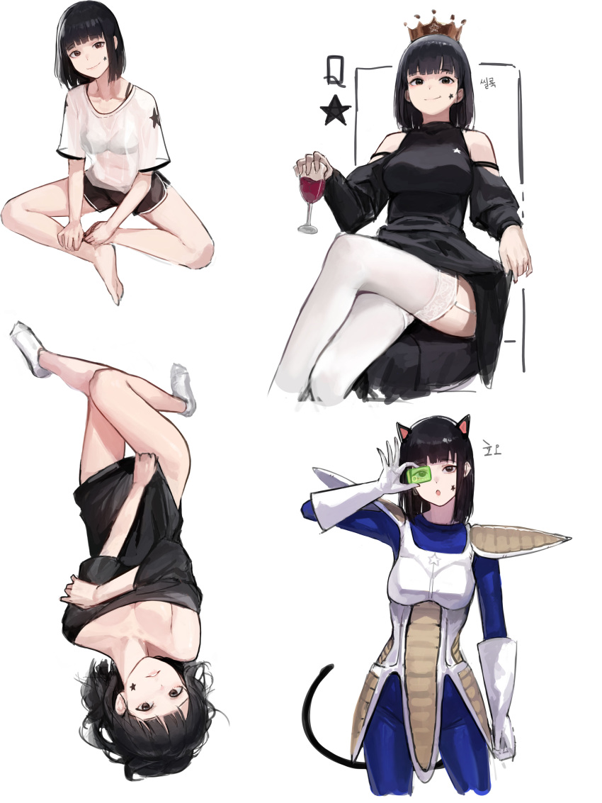 absurdres adjusting_eyewear alcohol animal_ears armor bare_legs barefoot black_bra black_dress black_hair black_shirt blunt_bangs bra breasts cat_ears cat_girl cat_tail cleavage closed_mouth clothing_cutout collarbone commentary cosplay cowboy_shot cropped_legs crossed_legs crown cup dragon_ball dragon_ball_z dress drinking_glass facial_mark female full_body garter_straps gloves green-tinted_eyewear highres indian_style korean_text long_sleeves looking_at_viewer mac_star medium_hair multiple_views naked_shirt original queen_(playing_card) red_wine saiyan_armor scouter see-through see-through_shirt shirt short_shorts short_sleeves shorts shoulder_cutout simple_background sitting smile socks star_(symbol) star_facial_mark t-shirt tail thighhighs tinted_eyewear translation_request underwear upside-down vegeta vegeta_(cosplay) white_background white_gloves white_shirt white_thighhighs wine wine_glass