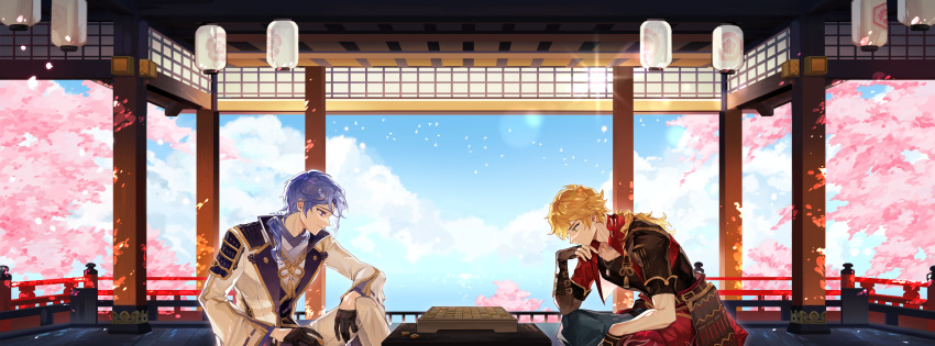 2boys absurdres armor bird black_gloves blonde_hair blue_hair board_game cherry_blossoms closed_mouth cloud day dl_mask dog_tags ear_piercing fingerless_gloves from_side genshin_impact gloves green_eyes highres japanese_armor japanese_clothes kamisato_ayato lantern long_hair male_focus multiple_boys outdoors petals piercing ponytail profile purple_eyes railing shogi sitting sky thoma_(genshin_impact) wide_sleeves