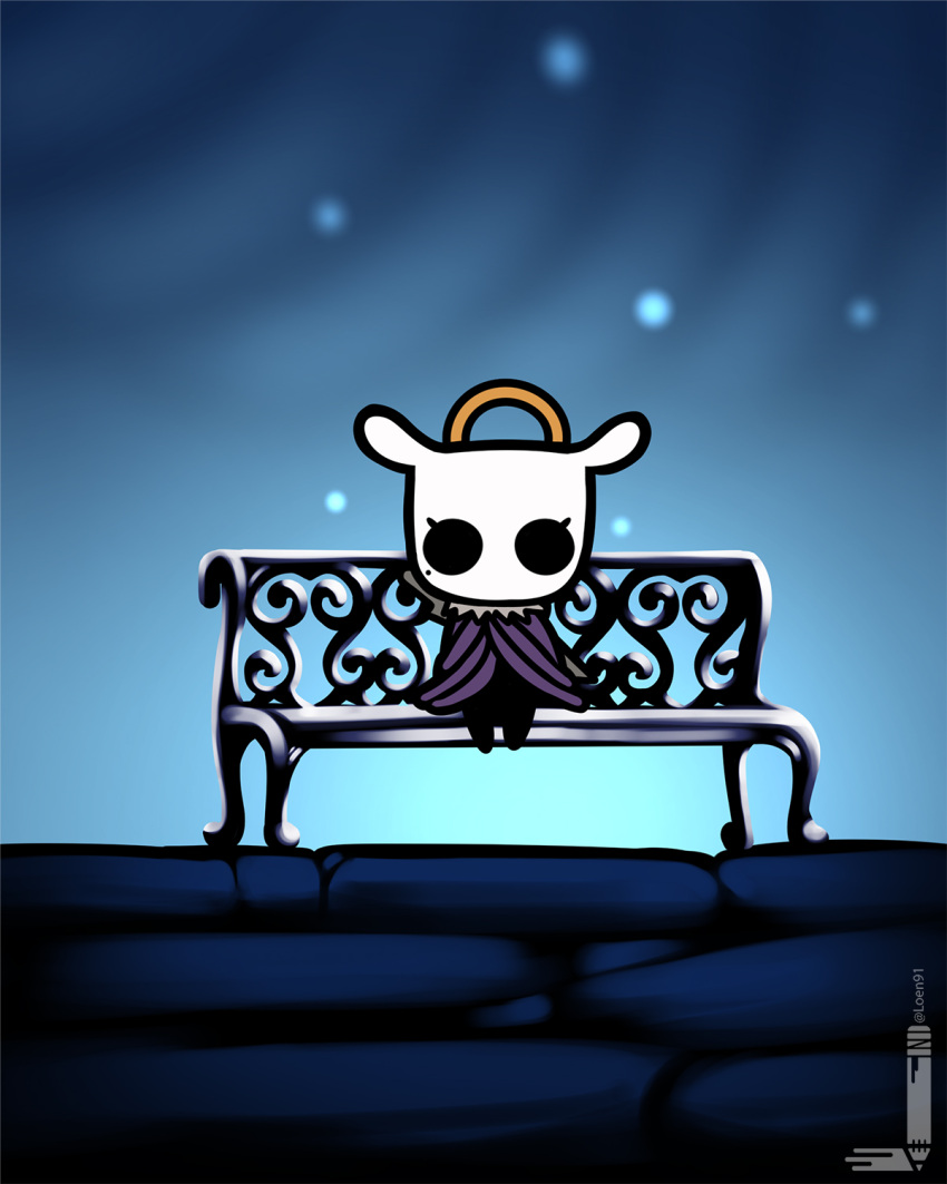 animal_ears artist_name bench cloak commentary english_commentary female fusion gradient_hair halo highres hollow_knight hololive hololive_english knight_(hollow_knight) loen looking_at_viewer mole mole_under_eye multicolored_hair ninomae_ina'nis no_humans orange_hair purple_cloak sidelocks sitting solo tentacle_hair twitter_username virtual_youtuber weapon weapon_on_back