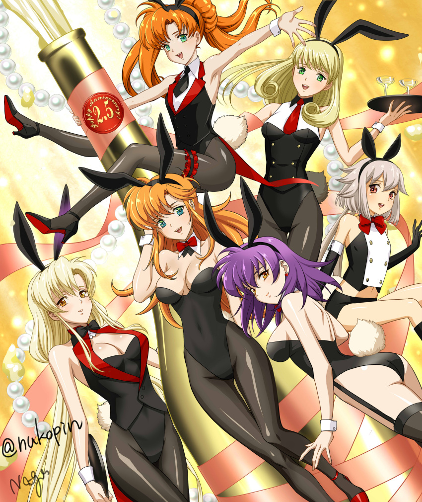 6+girls absurdres alcohol animal_ears anniversary ass backless_outfit bare_shoulders black_gloves black_legwear blonde_hair bow bowtie breasts champagne champagne_bottle chris_(langrisser) cleavage collared_leotard covered_navel detached_collar earrings elbow_gloves fake_animal_ears fake_tail gloves green_eyes grey_hair heart heart_earrings high_heels highleg highleg_leotard highres jewelry lambda_(langrisser) langrisser langrisser_ii langrisser_iii langrisser_iv langrisser_mobile langrisser_re:incarnation langrisser_v large_breasts leotard licorice_(langrisser) long_hair looking_at_viewer looking_back medium_breasts medium_hair midriff multiple_girls nagasaki_yuko navel orange_eyes orange_hair pantyhose playboy_bunny purple_hair rabbit_ears rabbit_tail rachel_(langrisser) red_eyes riana_(langrisser) short_hair short_hair_with_long_locks shorts shoulder_blades smile strapless strapless_leotard tail tiaris_(langrisser) tucking_hair twitter_username very_long_hair wrist_cuffs yellow_eyes