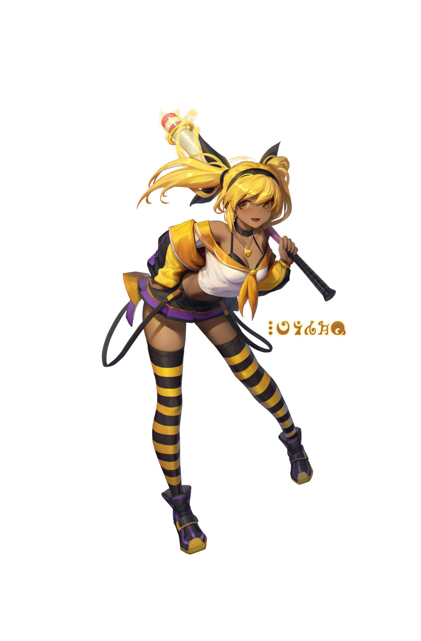 bangs baseball_bat blonde_hair breasts cleavage collar dark_skin dark_skinned_female eyebrows_visible_through_hair female full_body hairband highres holding holding_weapon horizontal_stripes jacket jewelry leaning_forward long_hair looking_at_viewer mahou_shoujo_madoka_magica medium_breasts midriff necklace open_clothes open_jacket open_mouth original sarena skirt solo striped striped_legwear thighhighs twintails weapon white_background yellow_eyes