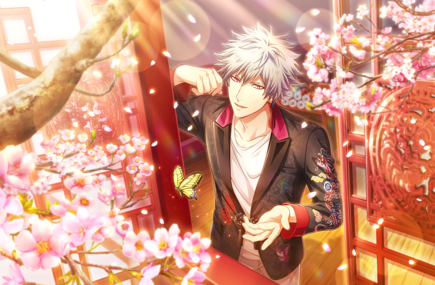 1boy :d animal_print architecture black_jacket blurry branch bug butterfly butterfly_print cherry_blossoms day depth_of_field dragon_print earrings east_asian_architecture embroidery falling_petals floral_print flower_knot from_above from_outside game_cg grey_eyes grey_hair hand_up heterochromia highres jacket jewelry kurosaki_ranmaru lattice lens_flare light_particles looking_at_animal lower_teeth_only male_focus official_art open_window pants peony_print petals red_eyes scroll shadow shirt short_hair single_earring smile solo spiked_hair standing sunlight tassel tassel_earrings teeth third-party_source upper_body uta_no_prince-sama uta_no_prince-sama:_shining_live white_pants white_shirt window wooden_floor yellow_butterfly