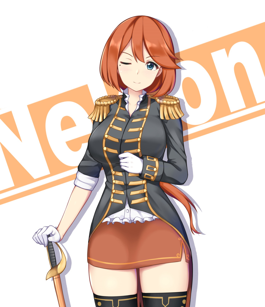 absurdres black_footwear blue_eyes breasts epaulettes female gloves highres large_breasts long_hair miniskirt nelson_(warship_girls_r) one_eye_closed orange_hair painttool_sai_(medium) photoshop_(medium) ponytail skirt smile warship_girls_r white_gloves xiao_qi