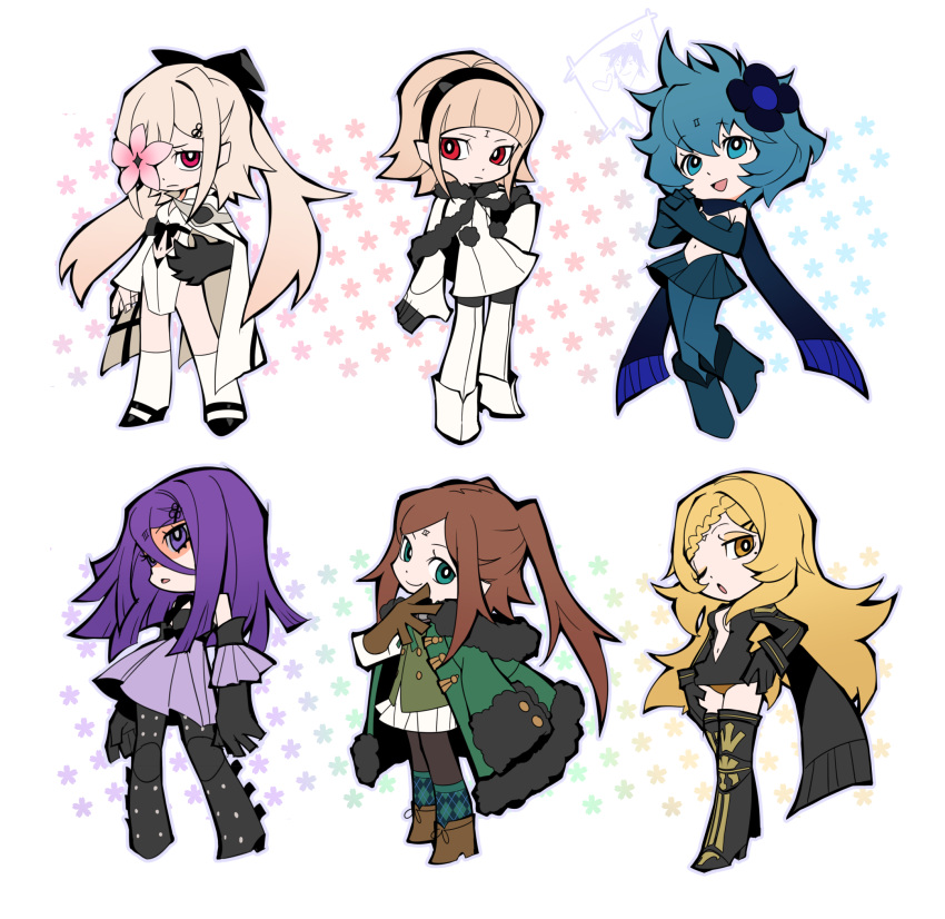 6+girls black_bow black_hairband blonde_hair blue_hair boots bow breasts brown_hair chibi child's_drawing coat drag-on_dragoon drag-on_dragoon_3 dress five_(drag-on_dragoon) flower flower_over_eye four_(drag-on_dragoon) fur_trim gloves hairband hairbow hand_on_own_hip highres long_hair mole mole_under_eye multiple_girls neekosiah one_(drag-on_dragoon) one_eye_closed open_mouth own_hands_together panty_&_stocking_with_garterbelt parody parted_lips pink_flower purple_eyes purple_hair red_eyes scarf short_hair skirt standing style_parody three_(drag-on_dragoon) two_(drag-on_dragoon) yellow_eyes zero_(drag-on_dragoon)