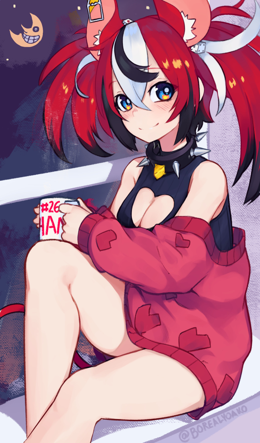 animal_ear_fluff animal_ears bare_legs bare_shoulders black_hair blue_eyes blush breasts cleavage_cutout clothing_cutout collar commentary_request crescent_moon cup dice_hair_ornament earclip female hair_between_eyes hair_ornament hakos_baelz heart heart_print highres holding holding_cup hololive hololive_english long_hair long_sleeves looking_at_viewer moon mouse_ears mug mug_writing multicolored_hair night red_hair sitting smile solo soul_eater spiked_collar spikes split_mouth streaked_hair tail twintails twitter_username virtual_youtuber white_hair window yoako