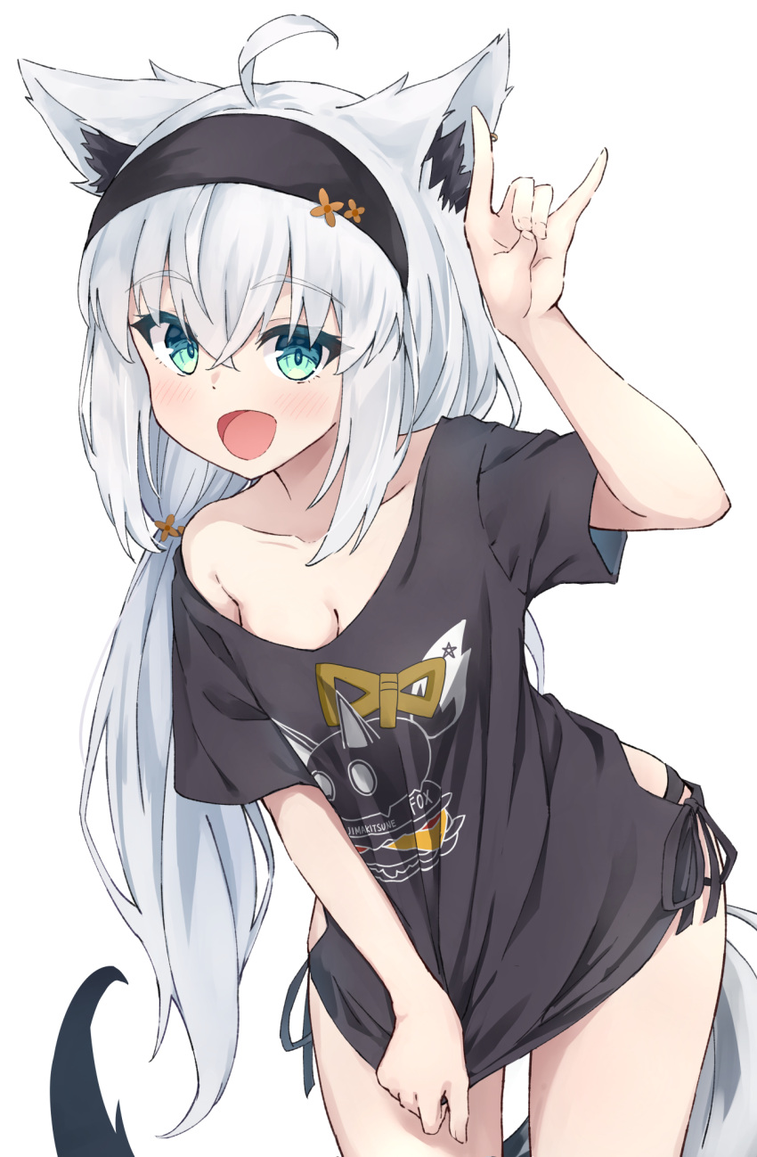 :d ahoge animal_ears aqua_eyes black_hairband black_panties black_shirt breasts cleavage female fox_ears fox_girl fox_shadow_puppet fox_tail hairband highres hololive long_hair looking_at_viewer matsu520 nejima_kitsune_(shirakami_fubuki) no_pants open_mouth panties shirakami_fubuki shirakami_fubuki_(loungewear) shirt shirt_tug short_sleeves simple_background small_breasts smile t-shirt tail underwear virtual_youtuber white_background white_hair