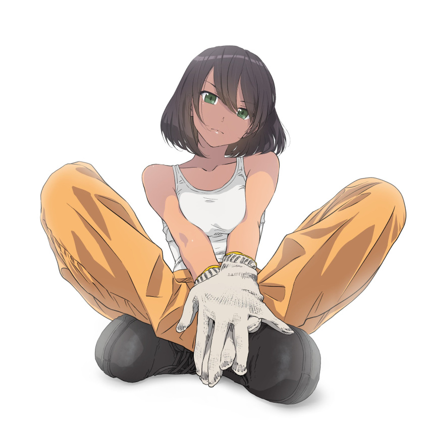 akagi_(fmttps) bangs barefoot between_legs black_hair bob_cut breasts collarbone commentary_request crossed_legs dark-skinned_female dark_skin feet female foreshortening frown full_body girls_und_panzer gloves green_eyes hand_between_legs hands_on_feet head_tilt highres hoshino_(girls_und_panzer) jumpsuit medium_breasts navel orange_jumpsuit short_hair simple_background sitting solo swept_bangs toes white_background white_gloves