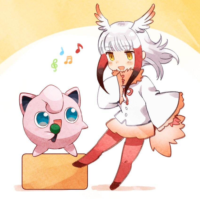 :d blue_eyes blunt_bangs blush commentary_request crossover female frilled_sleeves frills gloves hand_on_own_chest head_wings highres japanese_crested_ibis_(kemono_friends) jigglypuff kemono_friends long_hair long_sleeves microphone music musical_note open_mouth orange_eyes pantyhose pokemon pokemon_(creature) red_gloves red_legwear shirt singing skirt sleeves_past_wrists smile suicchonsuisui tail trait_connection white_hair white_shirt wide_sleeves wings