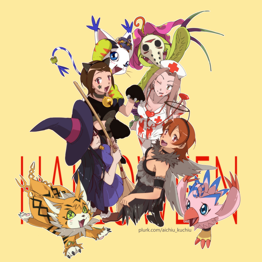 4girls :d ;q aioka_(aichiu_kuchiu) animal_ears bell breasts brown_eyes brown_hair cat_ears character_doll chinese_commentary cleavage closed_mouth collarbone commentary_request digimon digimon_(creature) digimon_adventure_tri. fake_animal_ears fake_halo friday_the_13th glasses halloween halloween_costume halo hat highres jingle_bell long_hair looking_at_viewer mask meicoomon mochizuki_meiko multiple_girls neck_bell nurse nurse_cap oerba_yun_fang one_eye_closed open_mouth palmon piyomon short_hair simple_background smile tachikawa_mimi tailmon takenouchi_sora teeth tongue tongue_out upper_teeth_only web_address white_headwear witch_hat wizarmon yagami_hikari