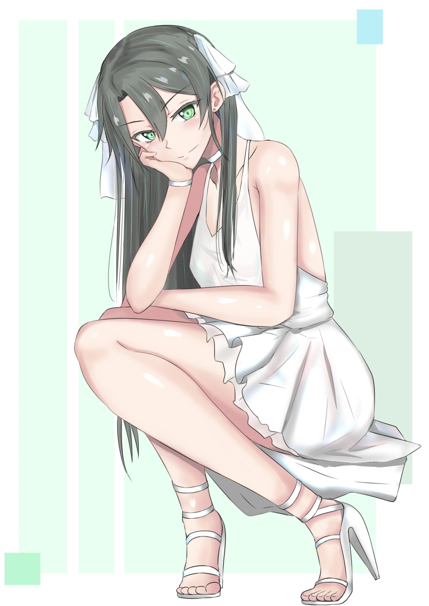 absurdres armlet bare_shoulders blush closed_mouth commentary_request dress female full_body green_eyes green_hair hair_between_eyes hand_on_own_face high_heels highres kantai_collection ken_(shutenndouji1) long_hair looking_at_viewer sandals short_dress sleeveless sleeveless_dress smile solo white_dress white_footwear zuikaku_(kancolle)